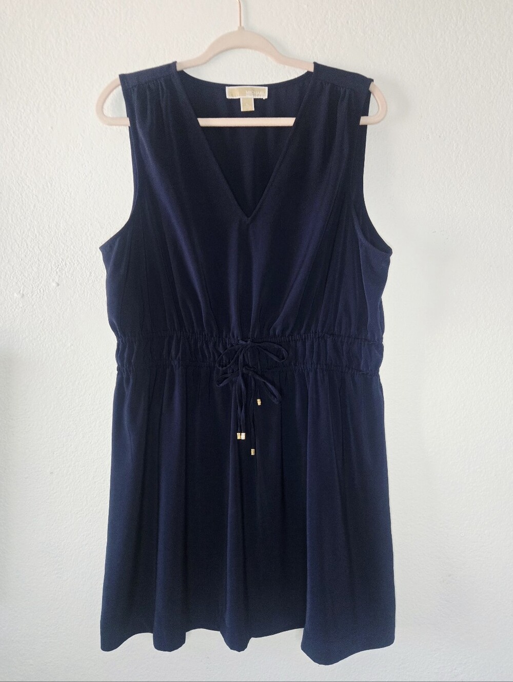 Micheal Kors Stretchy Knit Sleeveless V Neck Drawstring Waist Dress Navy XL